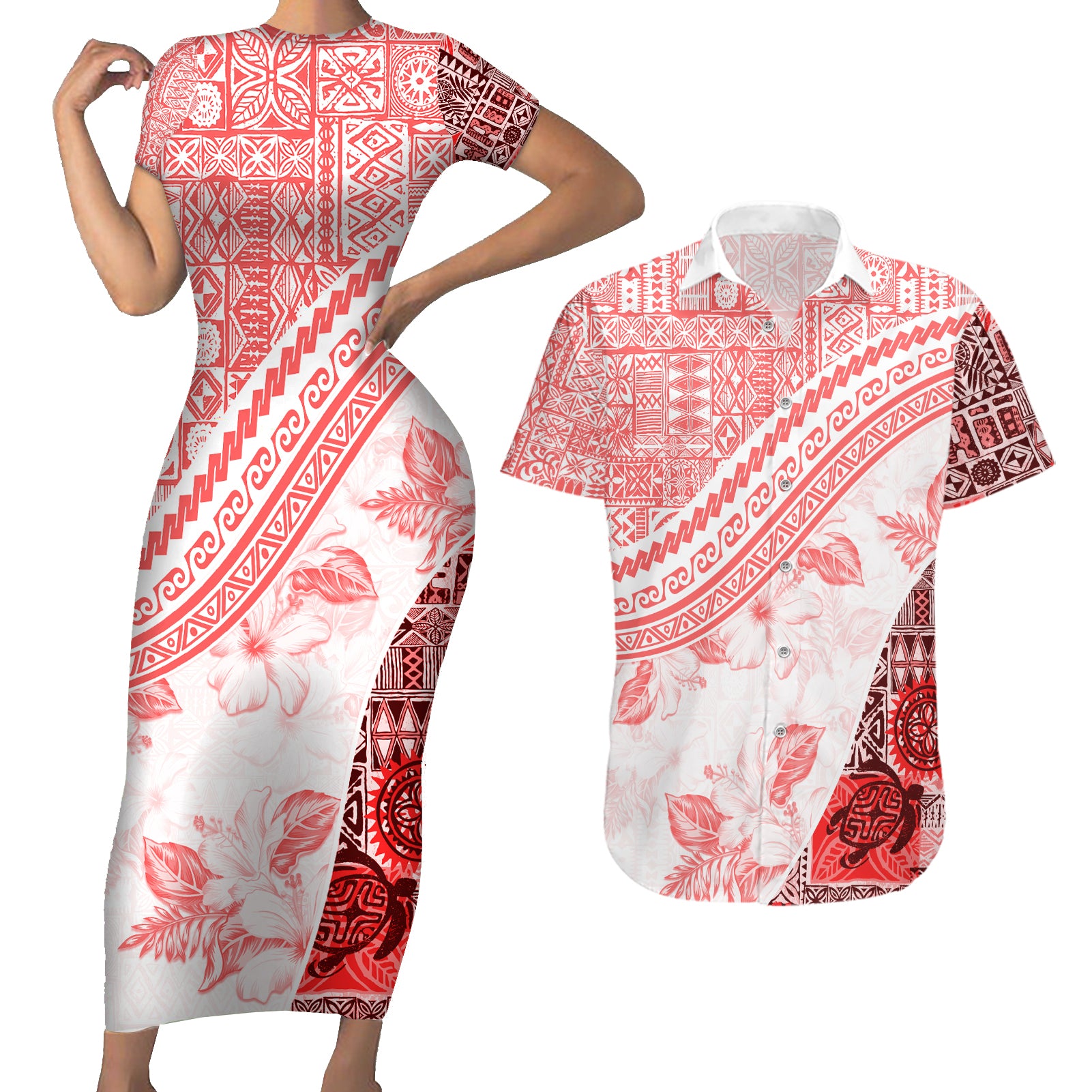 Hawaiian Tapa Couples Matching Short Sleeve Bodycon Dress and Hawaiian Shirt Traditional Vintage Pattern Red LT05 Red - Polynesian Pride