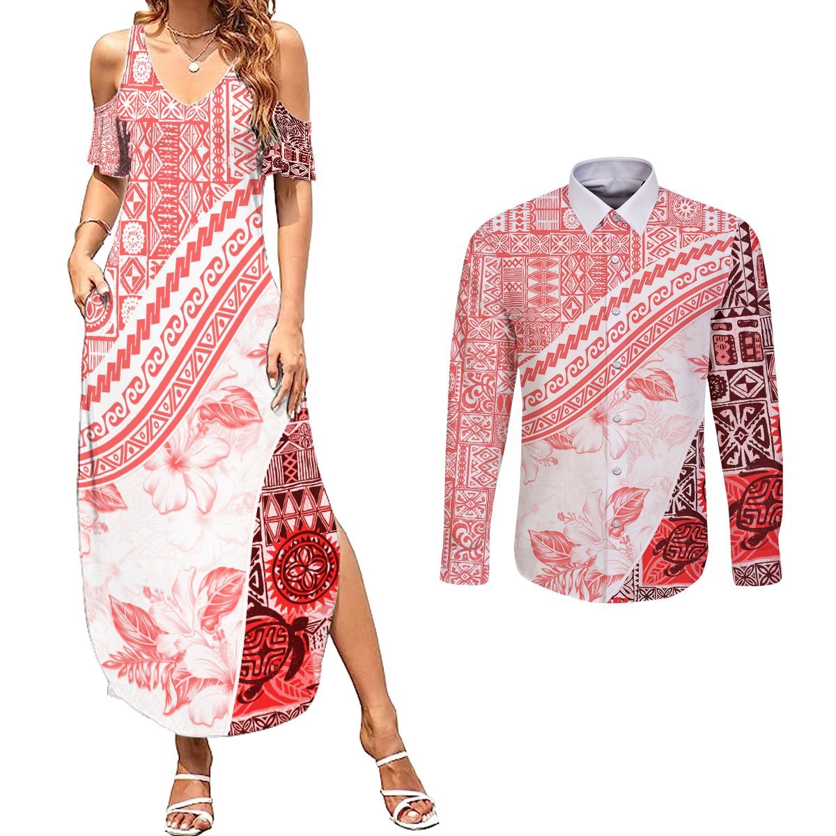 Hawaiian Tapa Couples Matching Summer Maxi Dress and Long Sleeve Button Shirt Traditional Vintage Pattern Red LT05 Red - Polynesian Pride