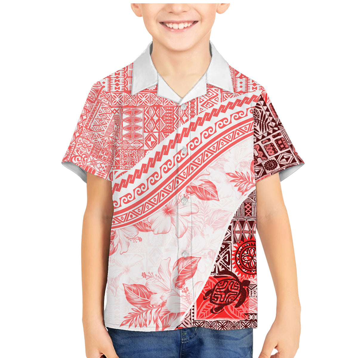 Hawaiian Tapa Family Matching Mermaid Dress and Hawaiian Shirt Traditional Vintage Pattern Red LT05 Son's Shirt Red - Polynesian Pride