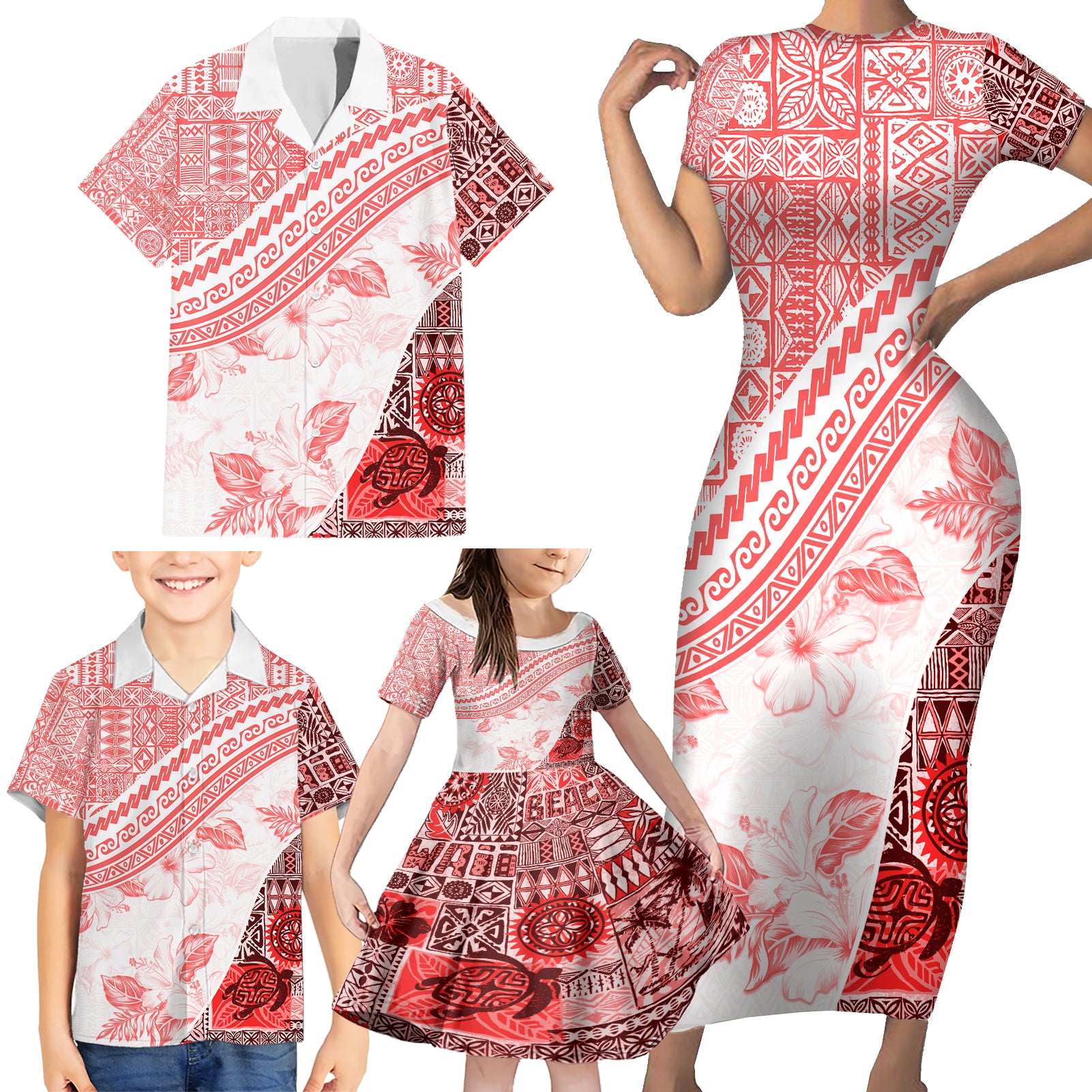 Hawaiian Tapa Family Matching Short Sleeve Bodycon Dress and Hawaiian Shirt Traditional Vintage Pattern Red LT05 - Polynesian Pride