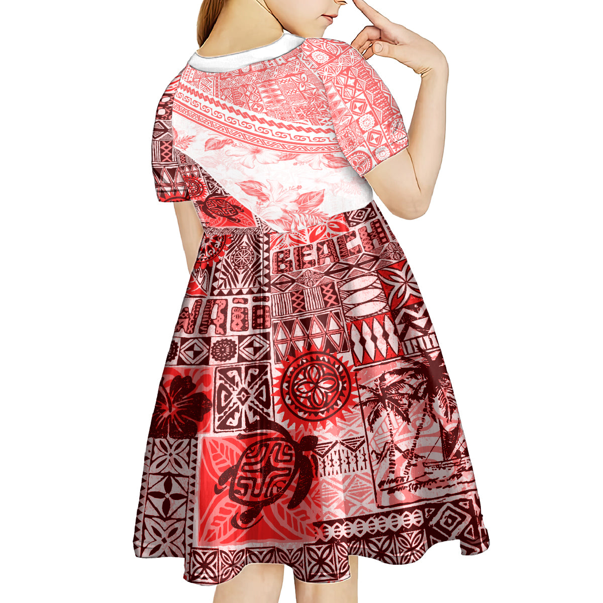 Hawaiian Tapa Kid Short Sleeve Dress Traditional Vintage Pattern Red LT05 - Polynesian Pride