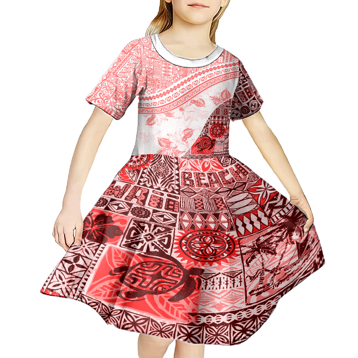 Hawaiian Tapa Kid Short Sleeve Dress Traditional Vintage Pattern Red LT05 - Polynesian Pride