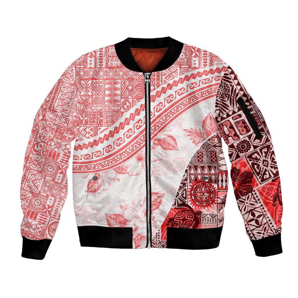 Hawaiian Tapa Sleeve Zip Bomber Jacket Traditional Vintage Pattern Red LT05 Unisex Red - Polynesian Pride