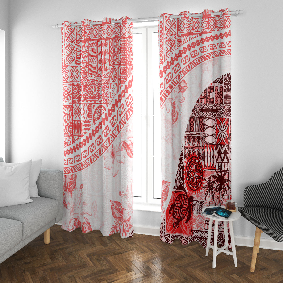 Hawaiian Tapa Window Curtain Traditional Vintage Pattern Red LT05 With Grommets Red - Polynesian Pride