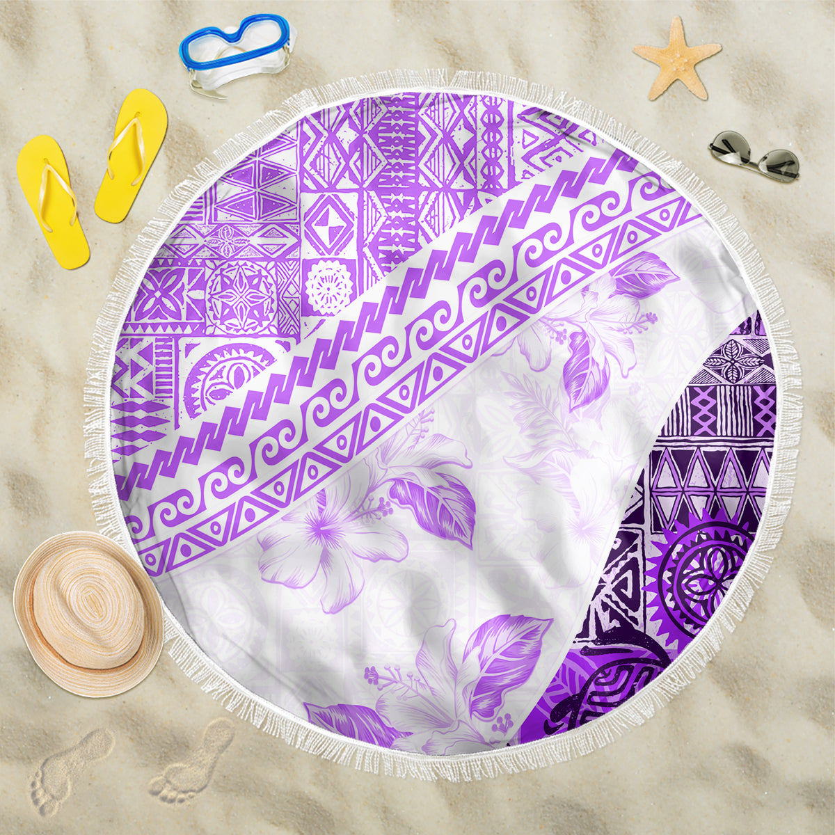 Hawaiian Tapa Beach Blanket Traditional Vintage Pattern Violet LT05 One Size 150cm Violet - Polynesian Pride
