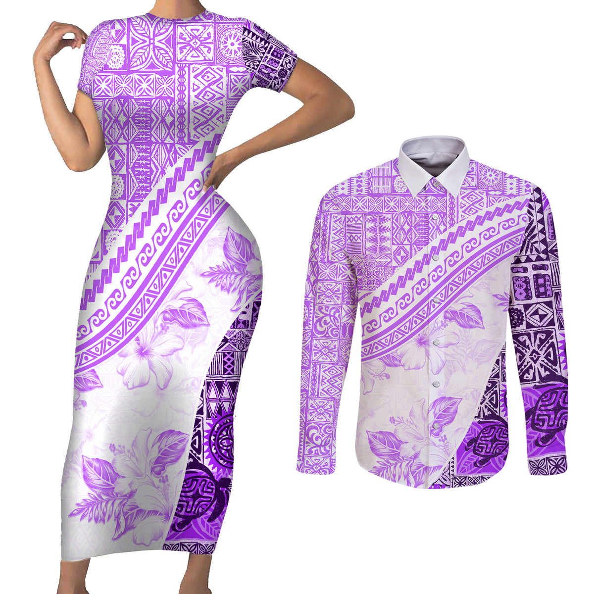Hawaiian Tapa Couples Matching Short Sleeve Bodycon Dress and Long Sleeve Button Shirt Traditional Vintage Pattern Violet LT05 Violet - Polynesian Pride