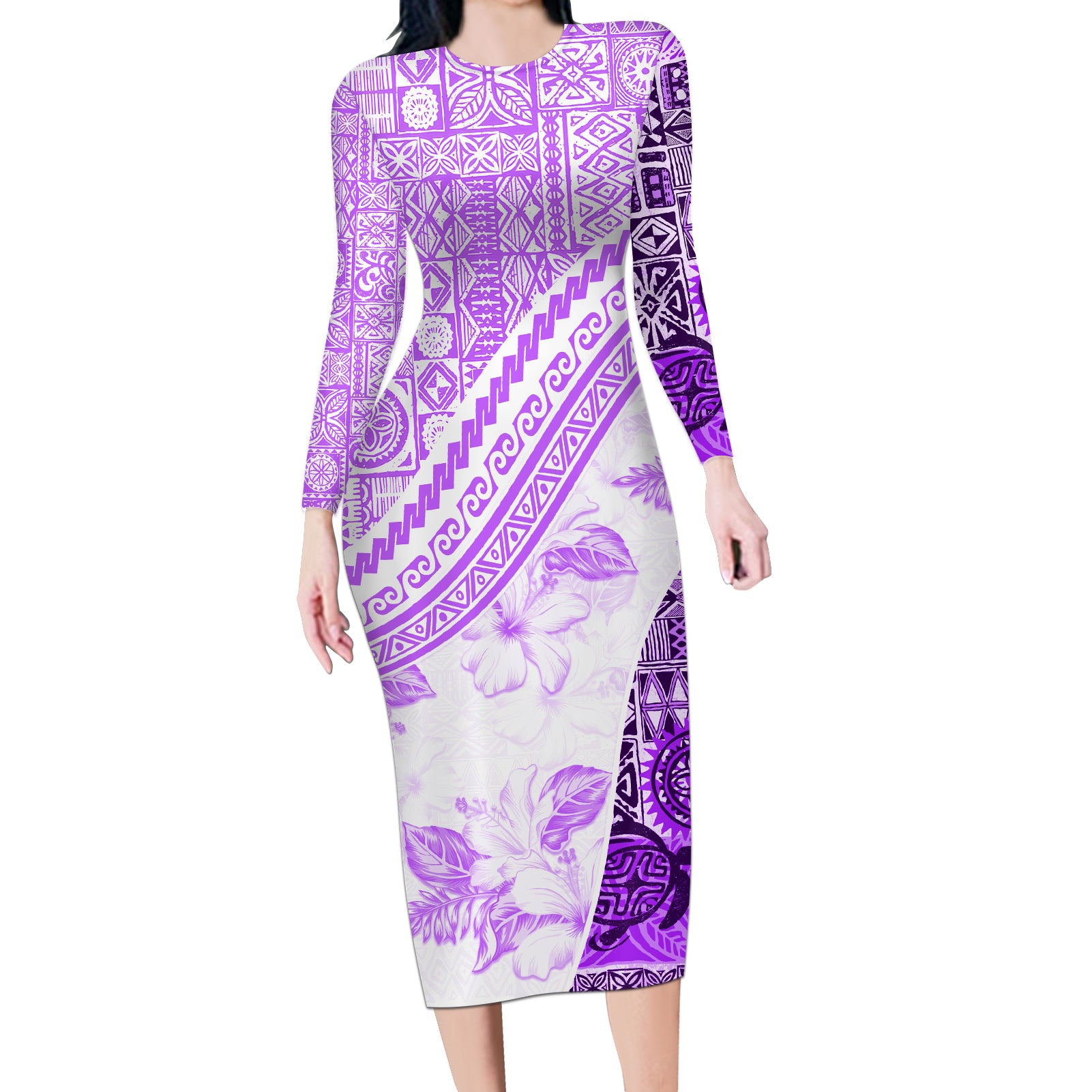Hawaiian Tapa Long Sleeve Bodycon Dress Traditional Vintage Pattern Violet LT05 Long Dress Violet - Polynesian Pride