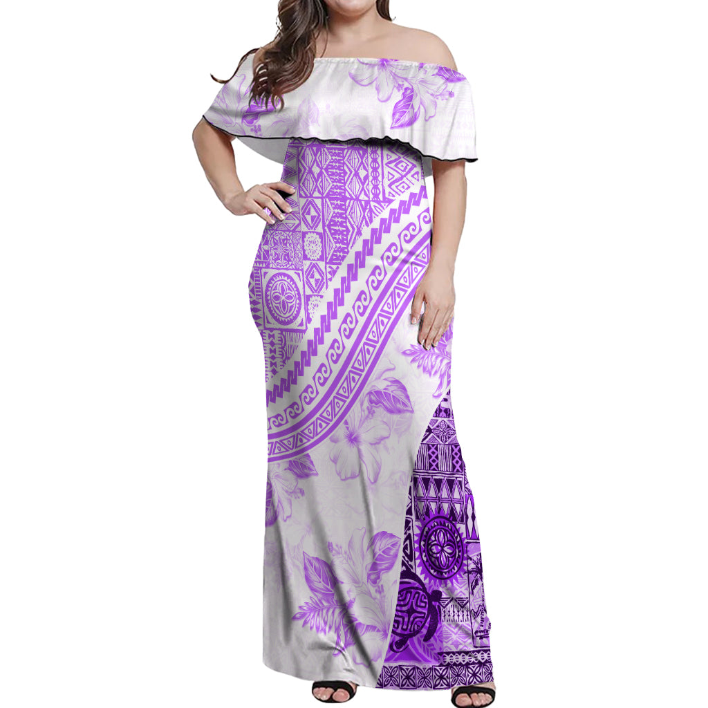 Hawaiian Tapa Off Shoulder Maxi Dress Traditional Vintage Pattern Violet LT05 Women Violet - Polynesian Pride