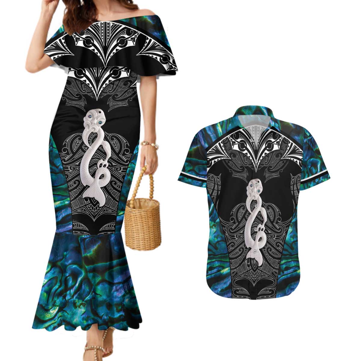 New Zealand Aotearoa Couples Matching Mermaid Dress and Hawaiian Shirt Maori Taniwha Paua Shell