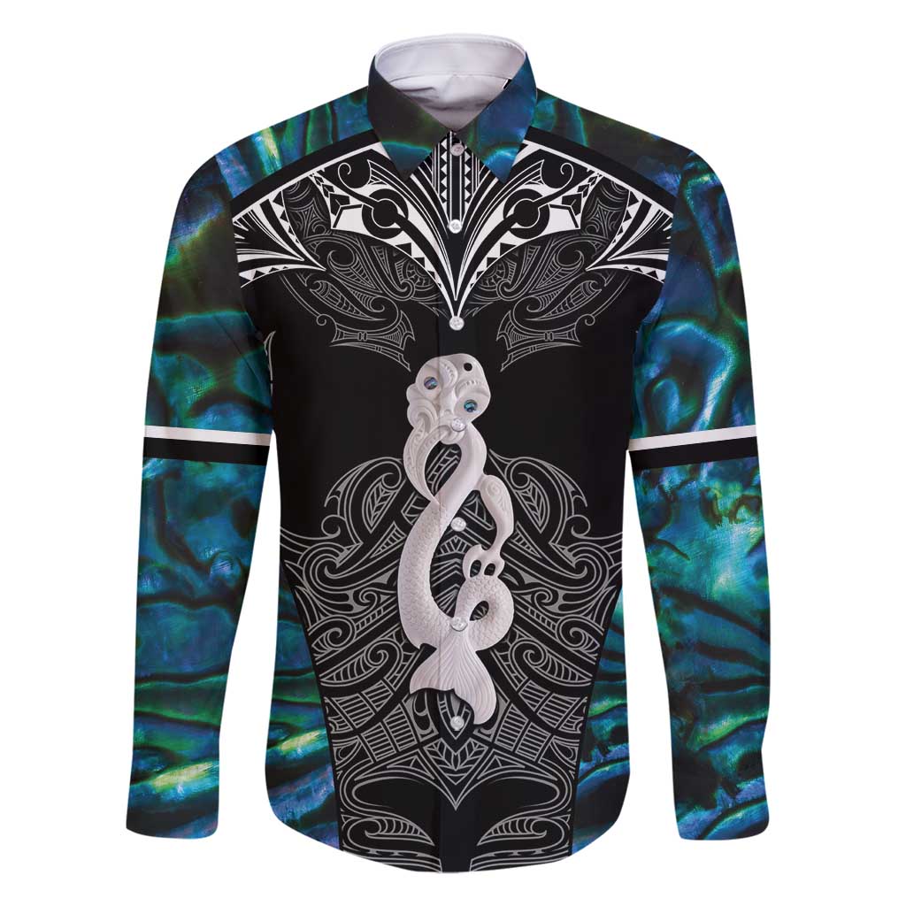 New Zealand Aotearoa Family Matching Long Sleeve Bodycon Dress and Hawaiian Shirt Maori Taniwha Paua Shell LT05 Dad's Shirt - Long Sleeve Black - Polynesian Pride