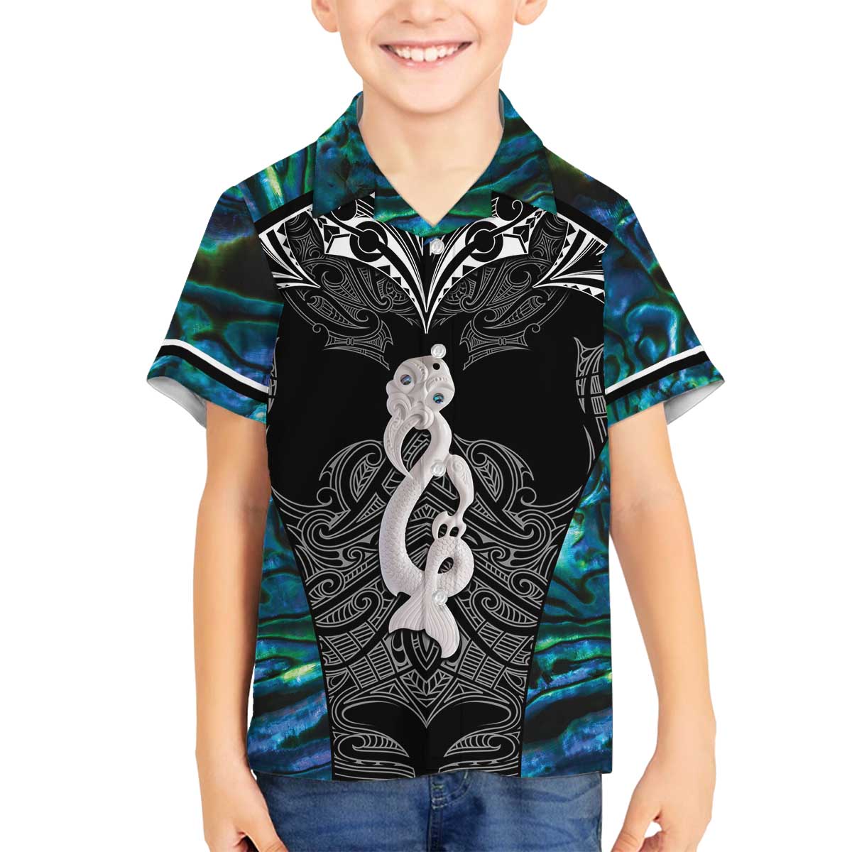 New Zealand Aotearoa Family Matching Off The Shoulder Long Sleeve Dress and Hawaiian Shirt Maori Taniwha Paua Shell
