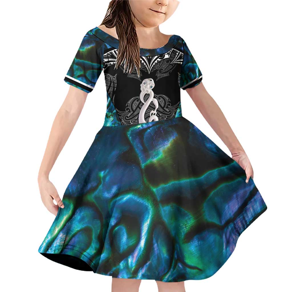 New Zealand Aotearoa Family Matching Off Shoulder Short Dress and Hawaiian Shirt Maori Taniwha Paua Shell LT05 Daughter's Dress Black - Polynesian Pride