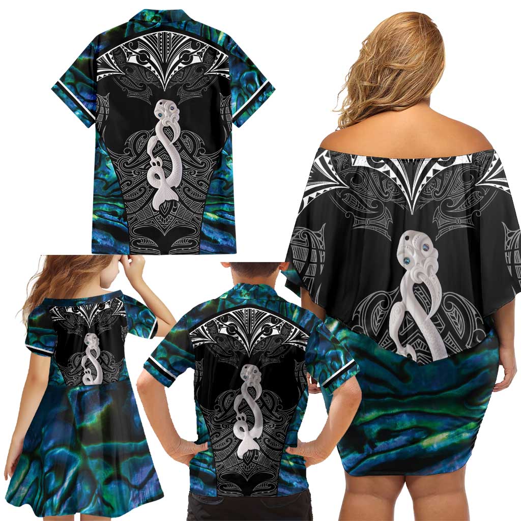 New Zealand Aotearoa Family Matching Off Shoulder Short Dress and Hawaiian Shirt Maori Taniwha Paua Shell LT05 - Polynesian Pride