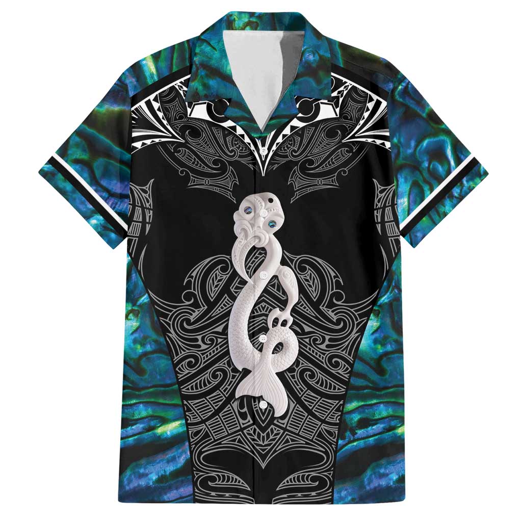 New Zealand Aotearoa Family Matching Off Shoulder Short Dress and Hawaiian Shirt Maori Taniwha Paua Shell LT05 Dad's Shirt - Short Sleeve Black - Polynesian Pride