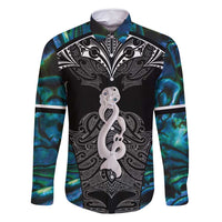 New Zealand Aotearoa Family Matching Off Shoulder Short Dress and Hawaiian Shirt Maori Taniwha Paua Shell LT05 Dad's Shirt - Long Sleeve Black - Polynesian Pride
