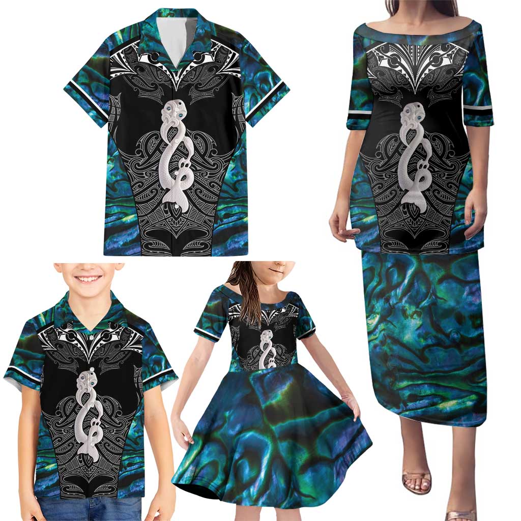 New Zealand Aotearoa Family Matching Puletasi and Hawaiian Shirt Maori Taniwha Paua Shell LT05 - Polynesian Pride