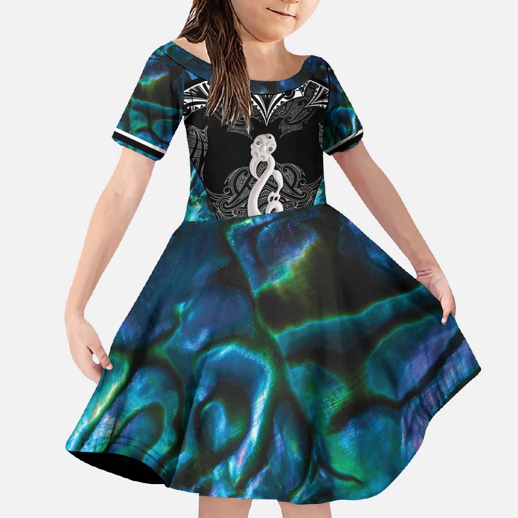 New Zealand Aotearoa Family Matching Short Sleeve Bodycon Dress and Hawaiian Shirt Maori Taniwha Paua Shell LT05 Daughter's Dress Black - Polynesian Pride