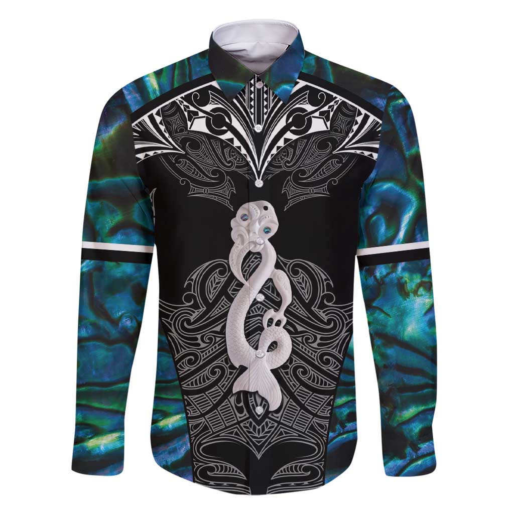 New Zealand Aotearoa Family Matching Short Sleeve Bodycon Dress and Hawaiian Shirt Maori Taniwha Paua Shell LT05 Dad's Shirt - Long Sleeve Black - Polynesian Pride