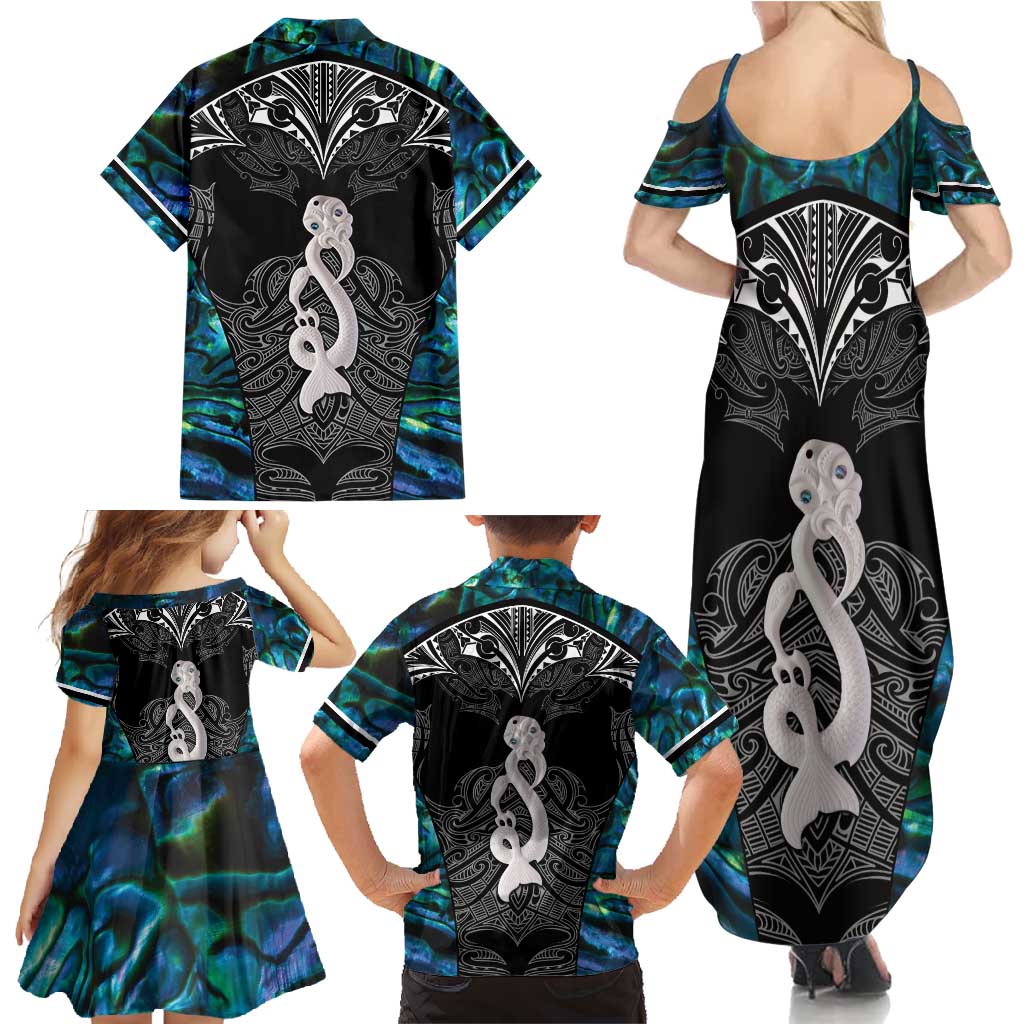 New Zealand Aotearoa Family Matching Summer Maxi Dress and Hawaiian Shirt Maori Taniwha Paua Shell LT05 - Polynesian Pride