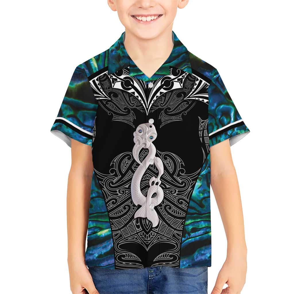 New Zealand Aotearoa Kid Hawaiian Shirt Maori Taniwha Paua Shell LT05 Kid Black - Polynesian Pride