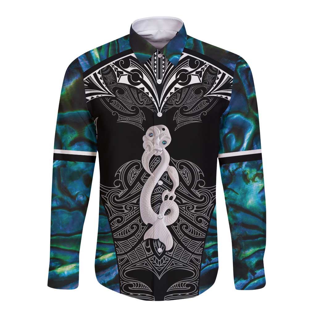 New Zealand Aotearoa Long Sleeve Button Shirt Maori Taniwha Paua Shell LT05 Unisex Black - Polynesian Pride