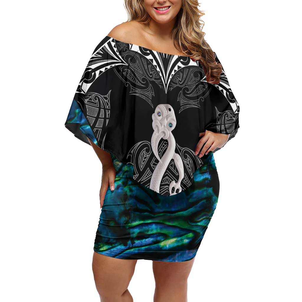 New Zealand Aotearoa Off Shoulder Short Dress Maori Taniwha Paua Shell