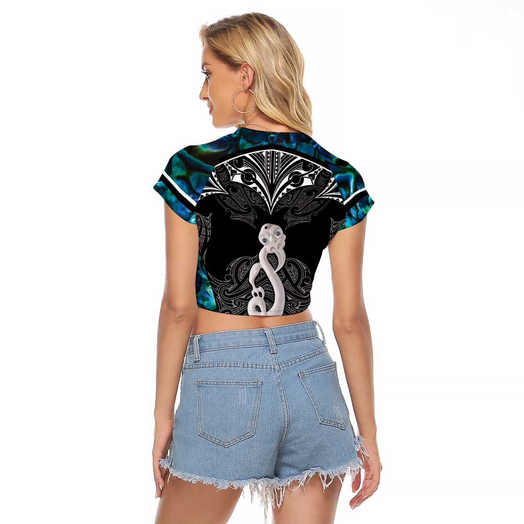 New Zealand Aotearoa Raglan Cropped T Shirt Maori Taniwha Paua Shell