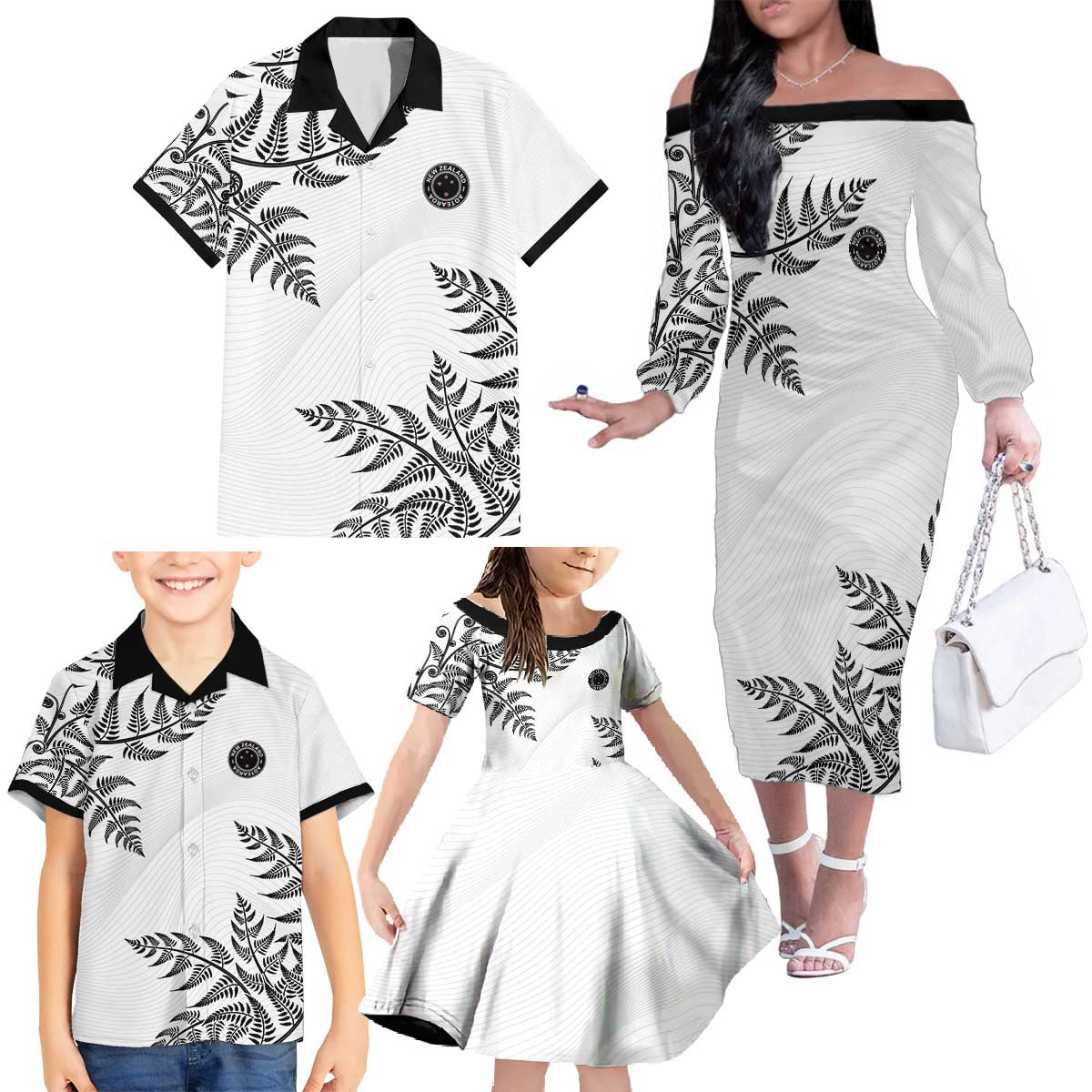 Custom New Zealand Football Family Matching Off The Shoulder Long Sleeve Dress and Hawaiian Shirt Aotearoa Pride - Polynesian Pride