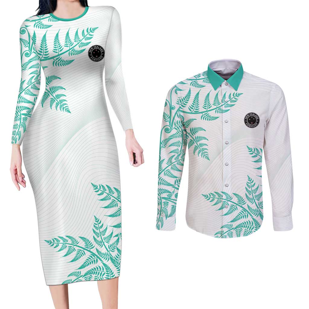 Custom New Zealand Football Couples Matching Long Sleeve Bodycon Dress and Long Sleeve Button Shirt Aotearoa Pride Aqua Version - Polynesian Pride