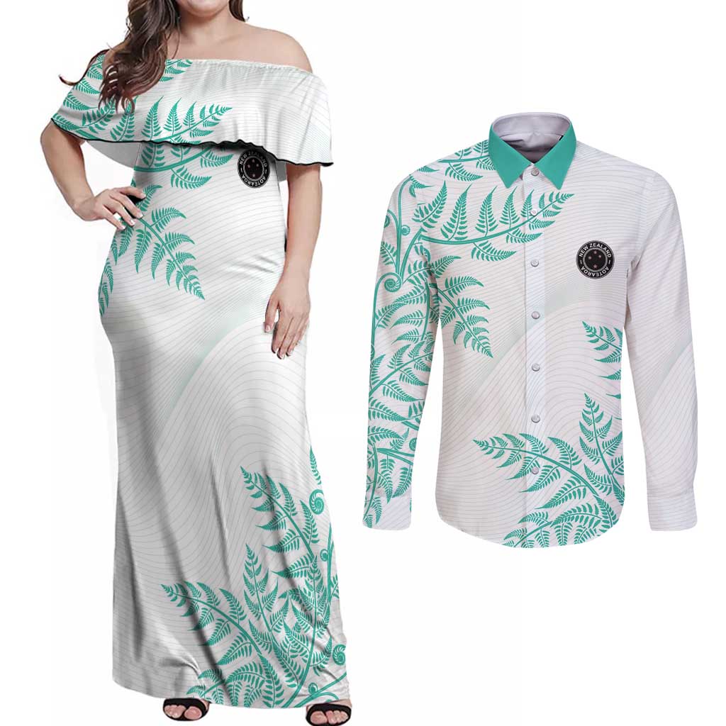 Custom New Zealand Football Couples Matching Off Shoulder Maxi Dress and Long Sleeve Button Shirt Aotearoa Pride Aqua Version - Polynesian Pride