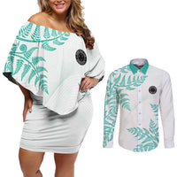 Custom New Zealand Football Couples Matching Off Shoulder Short Dress and Long Sleeve Button Shirt Aotearoa Pride Aqua Version - Polynesian Pride