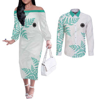 Custom New Zealand Football Couples Matching Off The Shoulder Long Sleeve Dress and Long Sleeve Button Shirt Aotearoa Pride Aqua Version - Polynesian Pride