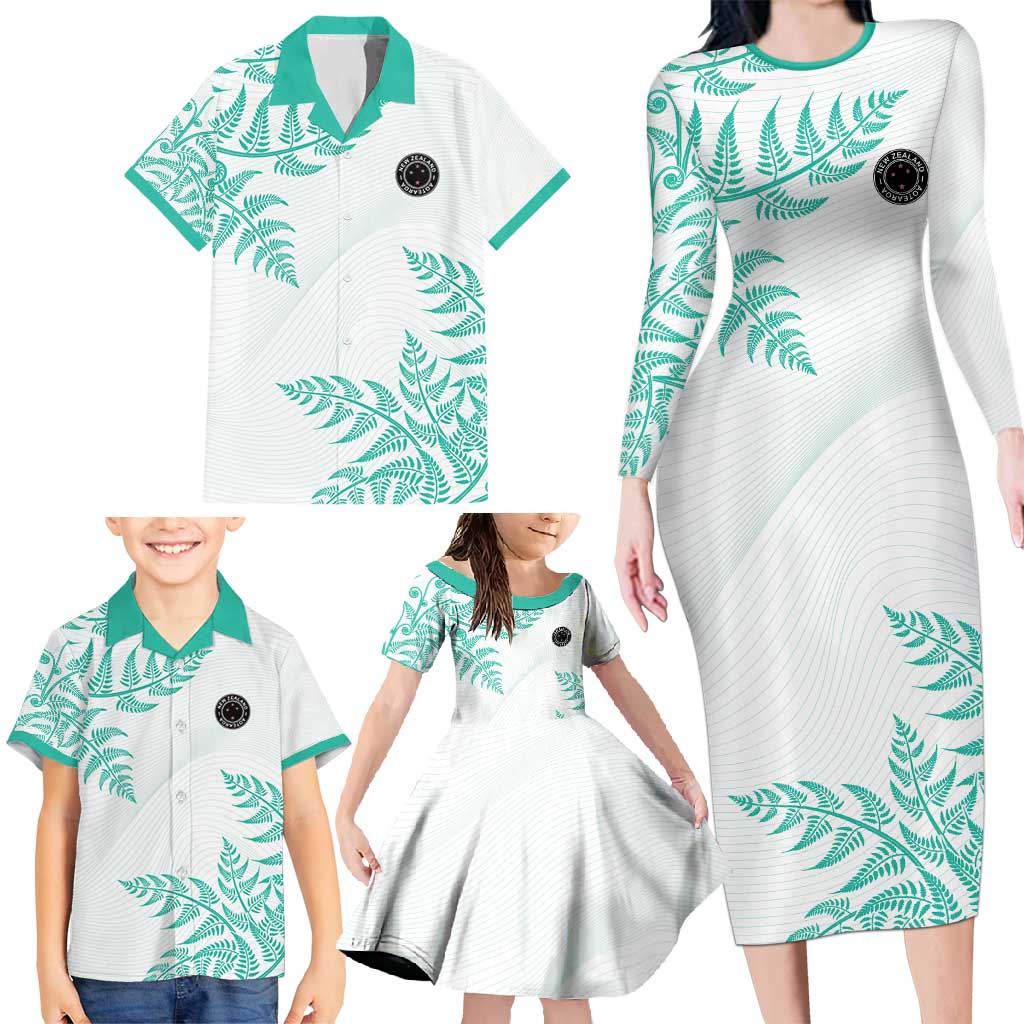 Custom New Zealand Football Family Matching Long Sleeve Bodycon Dress and Hawaiian Shirt Aotearoa Pride Aqua Version - Polynesian Pride