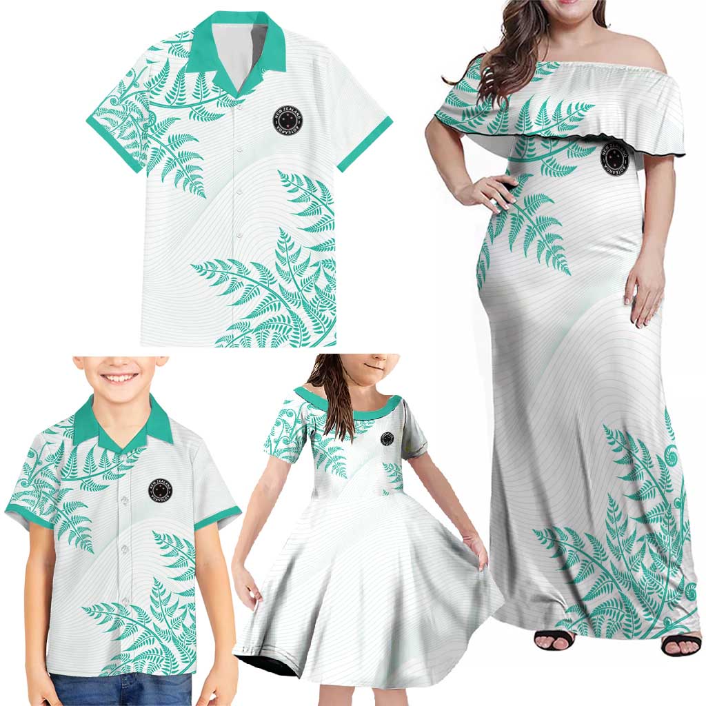 Custom New Zealand Football Family Matching Off Shoulder Maxi Dress and Hawaiian Shirt Aotearoa Pride Aqua Version - Polynesian Pride