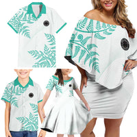 Custom New Zealand Football Family Matching Off Shoulder Short Dress and Hawaiian Shirt Aotearoa Pride Aqua Version - Polynesian Pride