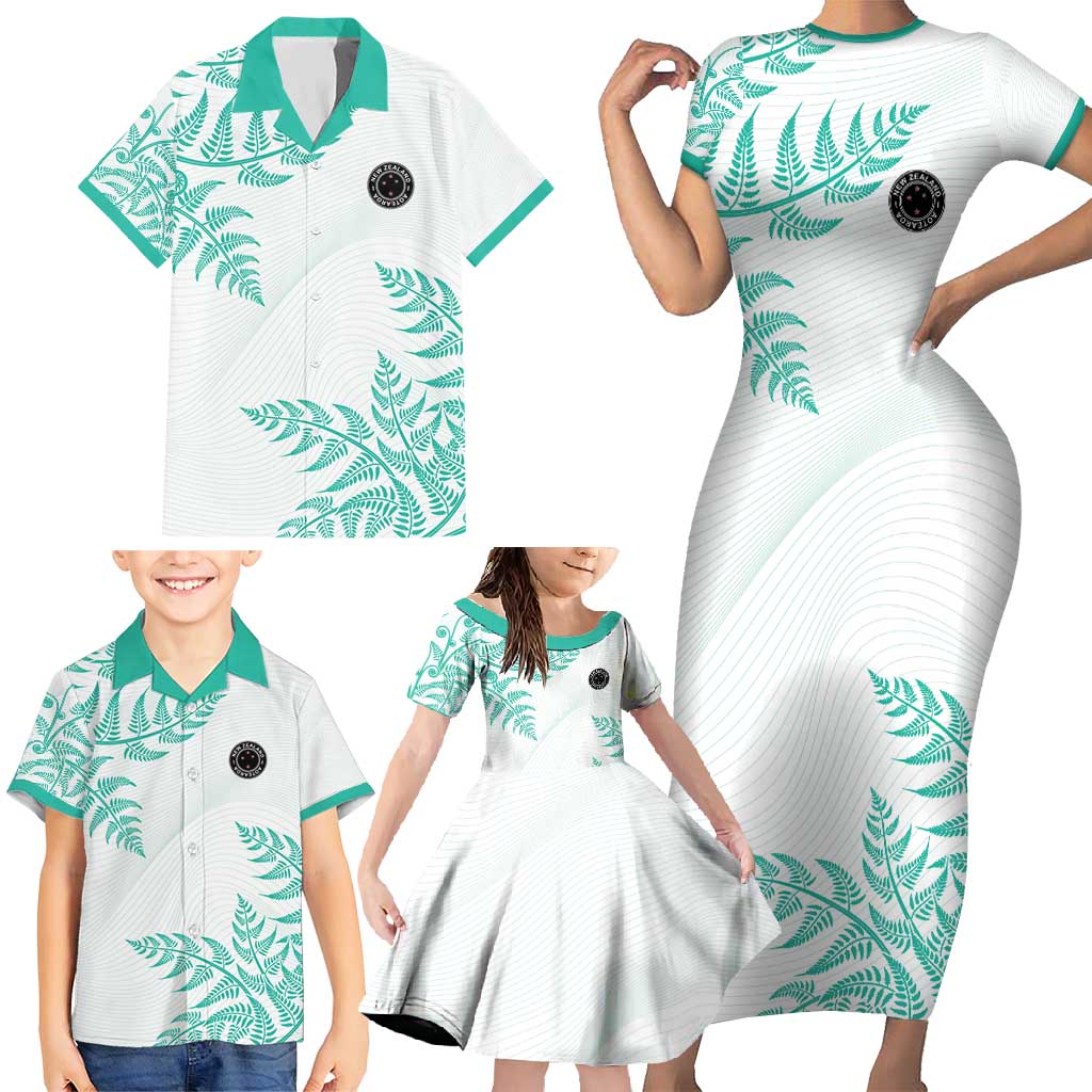Custom New Zealand Football Family Matching Short Sleeve Bodycon Dress and Hawaiian Shirt Aotearoa Pride Aqua Version - Polynesian Pride