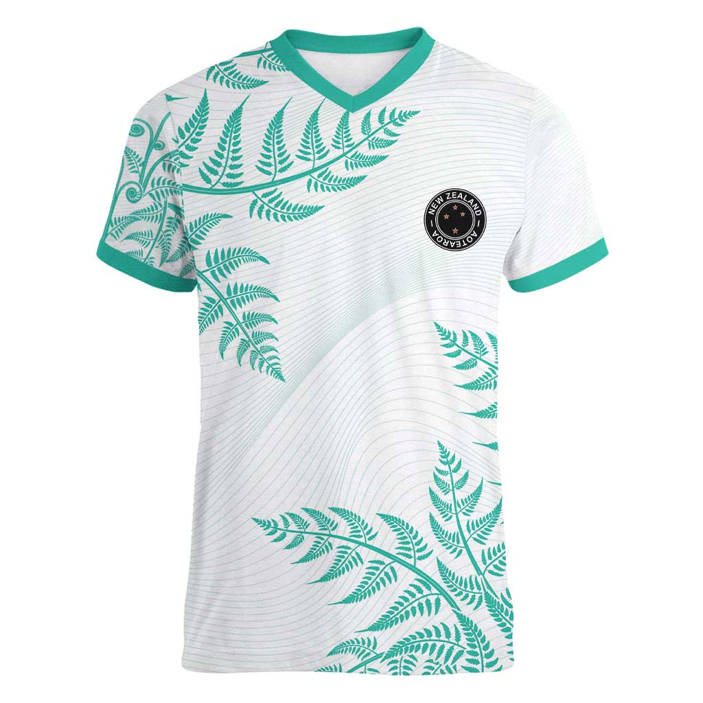 Custom New Zealand Football Women V-Neck T-Shirt Aotearoa Pride Aqua Version - Polynesian Pride