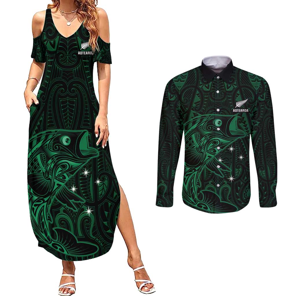 Custom New Zealand Fishing Couples Matching Summer Maxi Dress and Long Sleeve Button Shirt Maori Tribal Pattern - Polynesian Pride