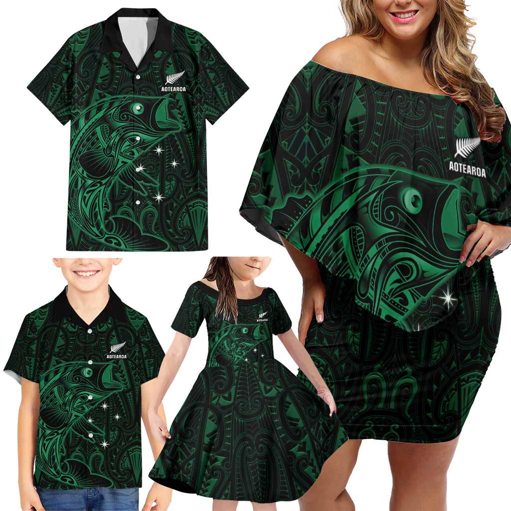 Custom New Zealand Fishing Family Matching Off Shoulder Short Dress and Hawaiian Shirt Maori Tribal Pattern - Polynesian Pride