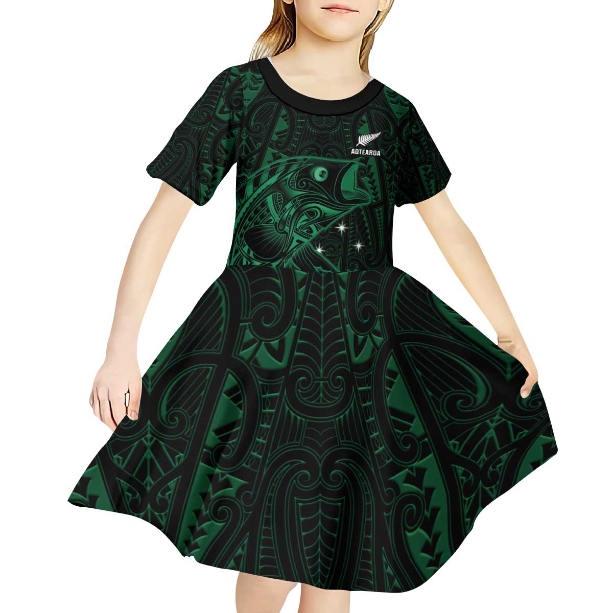 Custom New Zealand Fishing Kid Short Sleeve Dress Maori Tribal Pattern - Polynesian Pride