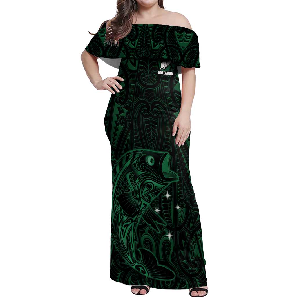 Custom New Zealand Fishing Off Shoulder Maxi Dress Maori Tribal Pattern - Polynesian Pride