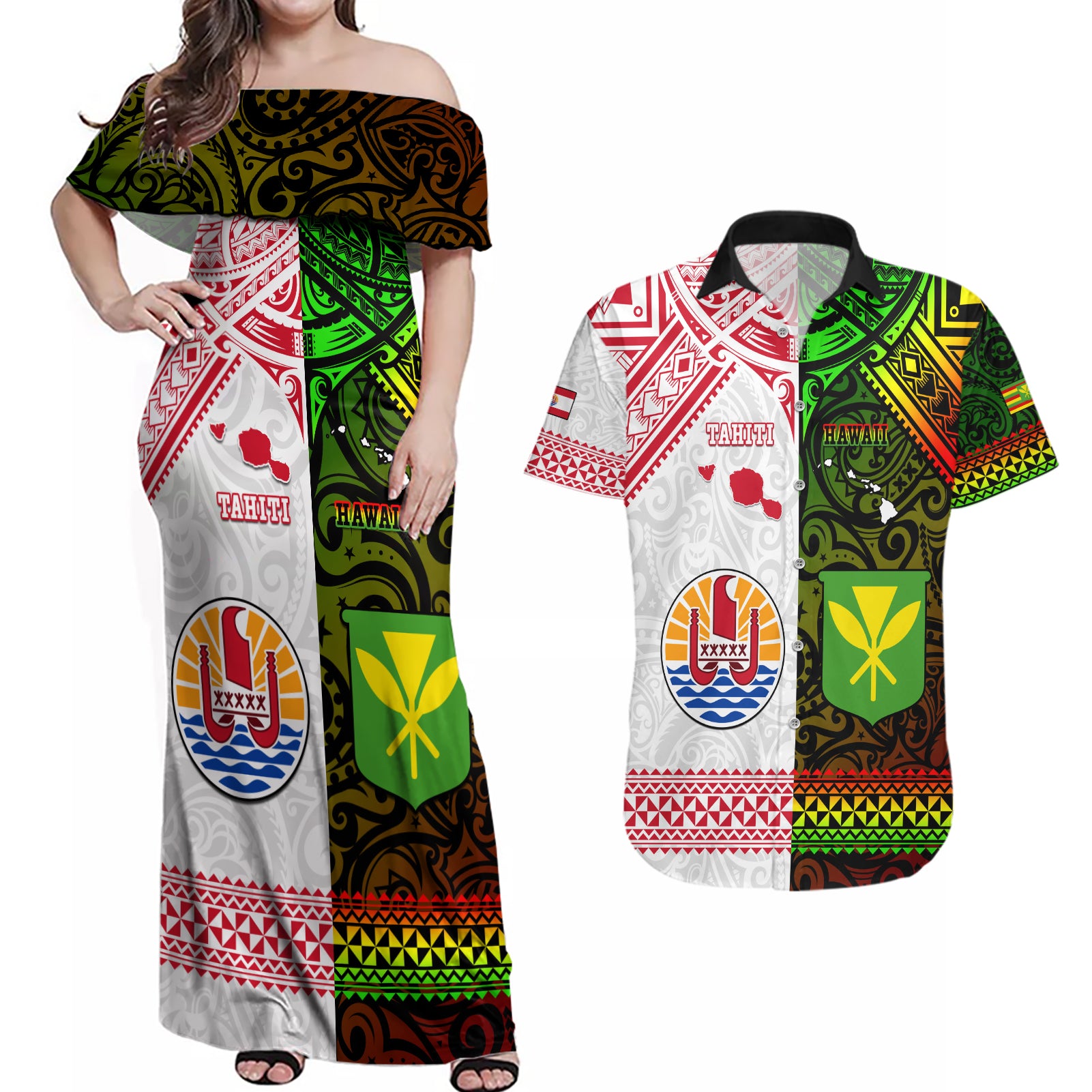 Custom Hawaii And Tahiti Couples Matching Off Shoulder Maxi Dress and Hawaiian Shirt Coat Of Arms Polynesian Pattern LT05 Reggae - Polynesian Pride