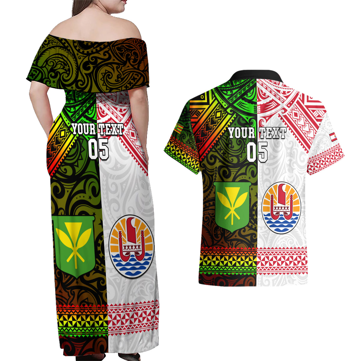Custom Hawaii And Tahiti Couples Matching Off Shoulder Maxi Dress and Hawaiian Shirt Coat Of Arms Polynesian Pattern LT05 - Polynesian Pride