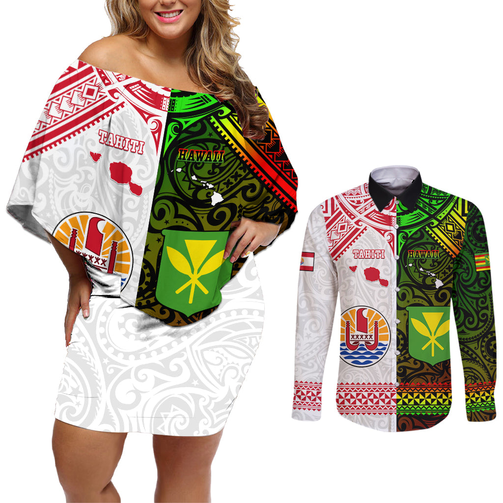 Custom Hawaii And Tahiti Couples Matching Off Shoulder Short Dress and Long Sleeve Button Shirt Coat Of Arms Polynesian Pattern LT05 Reggae - Polynesian Pride