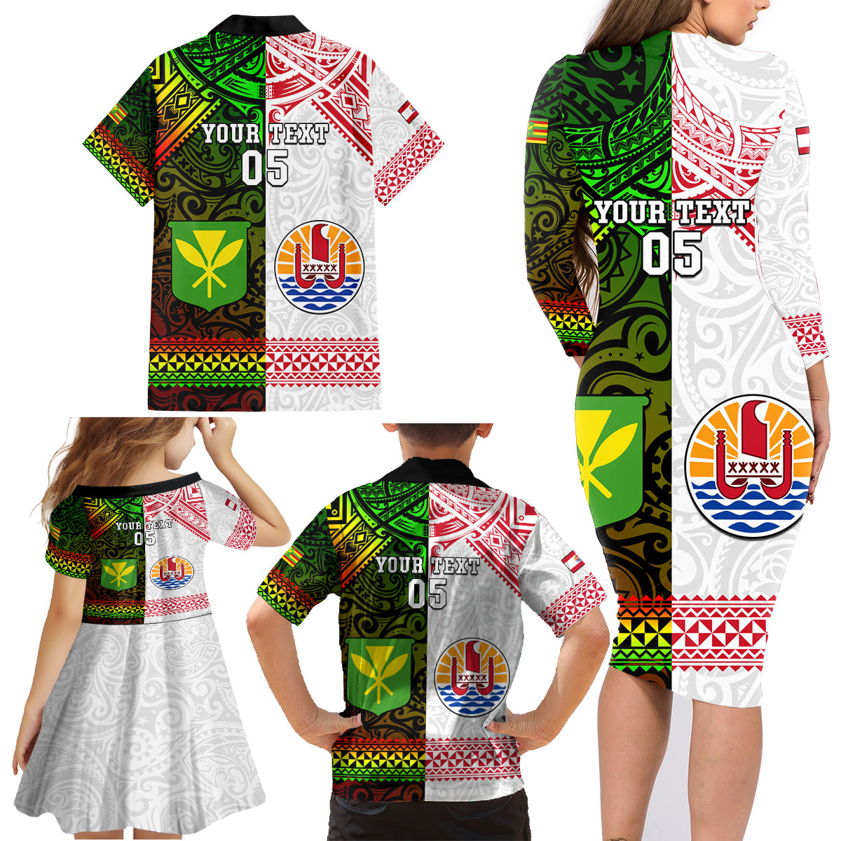 Custom Hawaii And Tahiti Family Matching Long Sleeve Bodycon Dress and Hawaiian Shirt Coat Of Arms Polynesian Pattern LT05 - Polynesian Pride