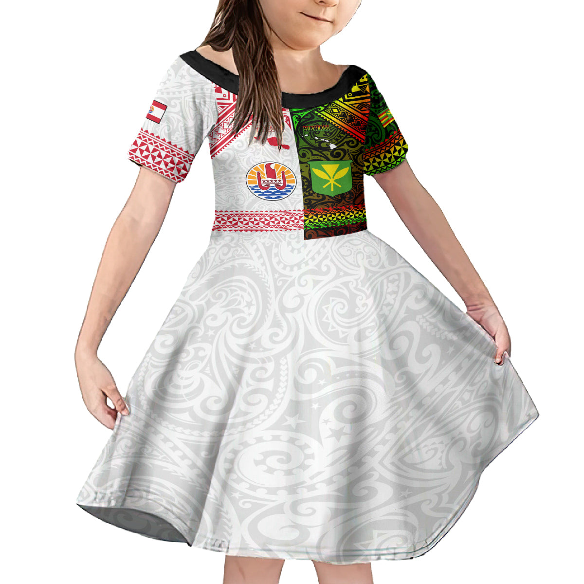 Custom Hawaii And Tahiti Family Matching Off Shoulder Short Dress and Hawaiian Shirt Coat Of Arms Polynesian Pattern LT05 Daughter's Dress Reggae - Polynesian Pride