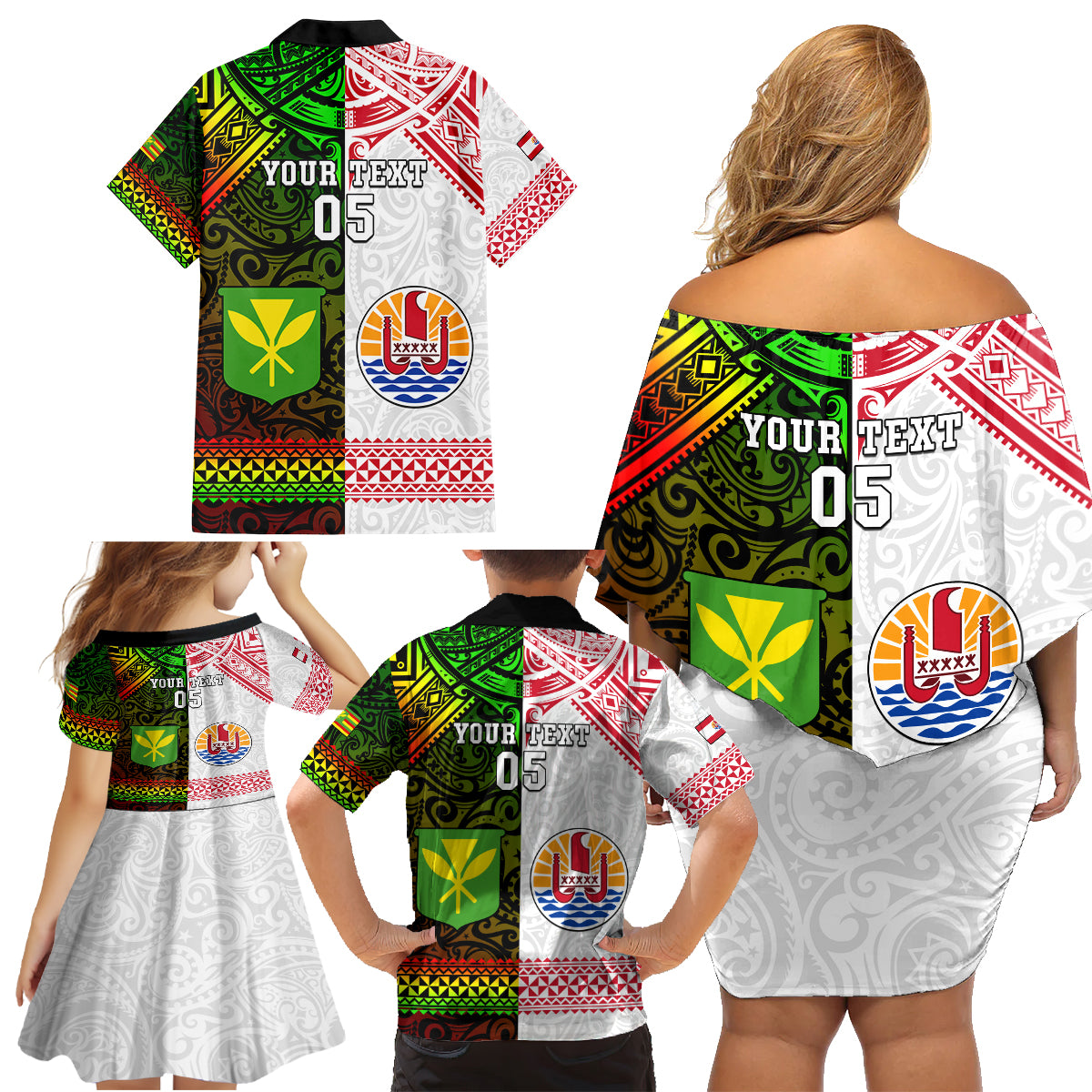 Custom Hawaii And Tahiti Family Matching Off Shoulder Short Dress and Hawaiian Shirt Coat Of Arms Polynesian Pattern LT05 - Polynesian Pride