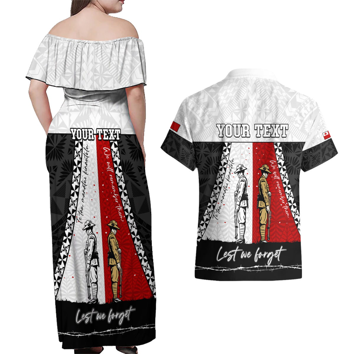 Personalised Tonga ANZAC Day Te Tau Manatui Kinautolu Couples Matching Off Shoulder Maxi Dress and Hawaiian Shirt Lest We Forget LT05 - Polynesian Pride