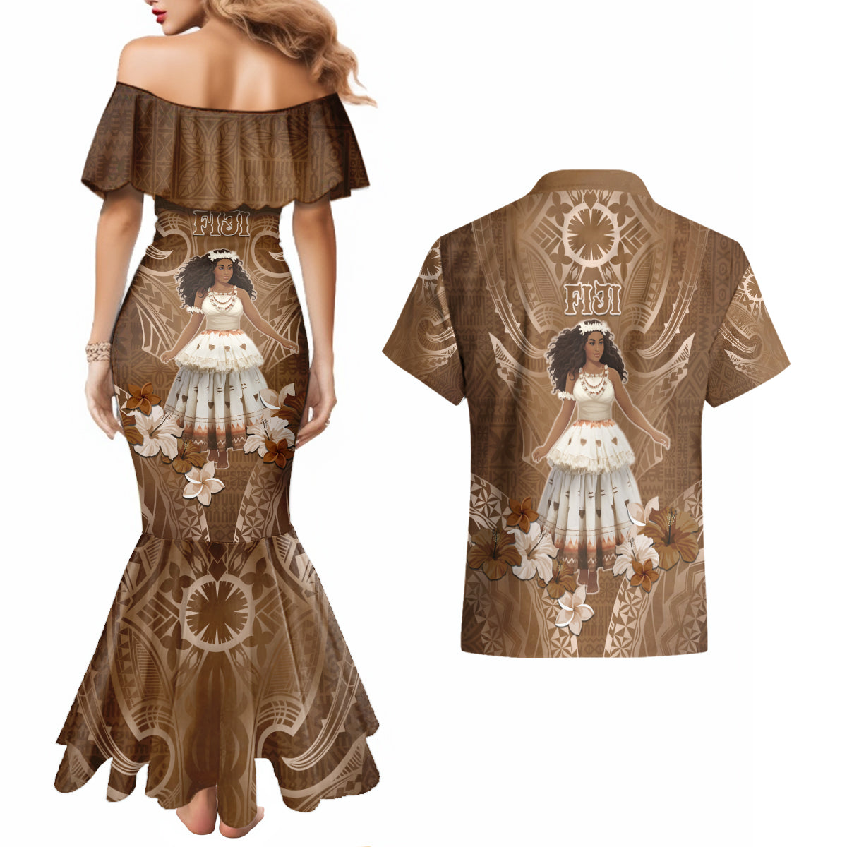Bula Fiji Women's Day Couples Matching Mermaid Dress and Hawaiian Shirt With Fijian Tapa Pattern LT05 - Polynesian Pride