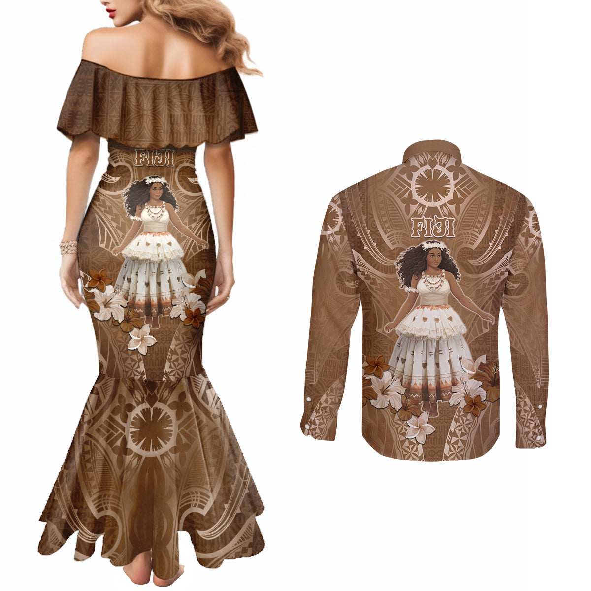 Bula Fiji Women's Day Couples Matching Mermaid Dress and Long Sleeve Button Shirt With Fijian Tapa Pattern LT05 - Polynesian Pride